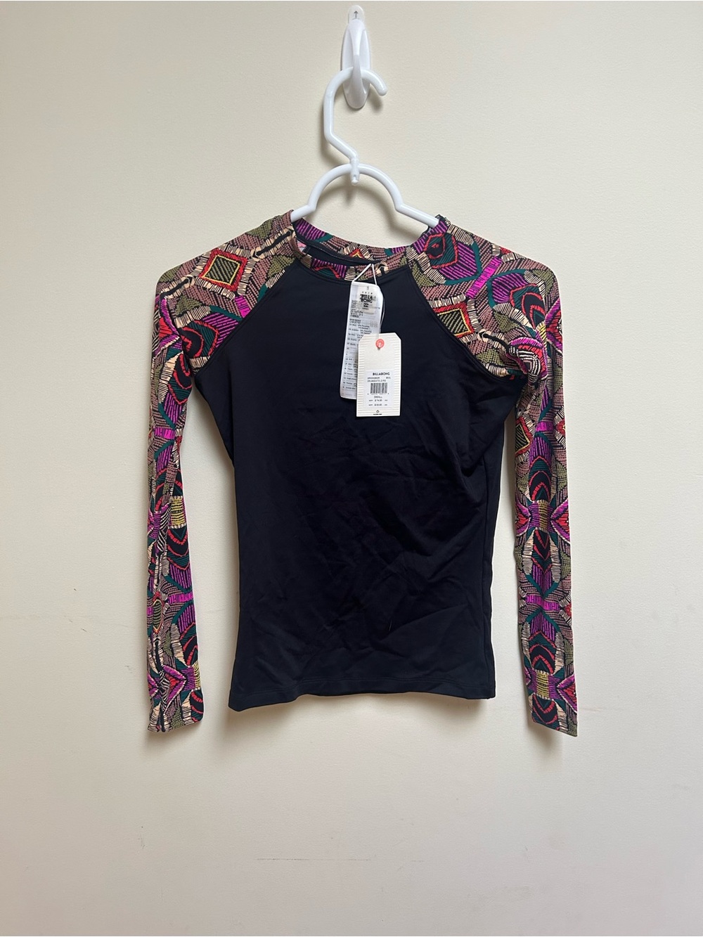 Billabong Black Rashguard with Pink & Multicolor Patterned Raglan Sleeves